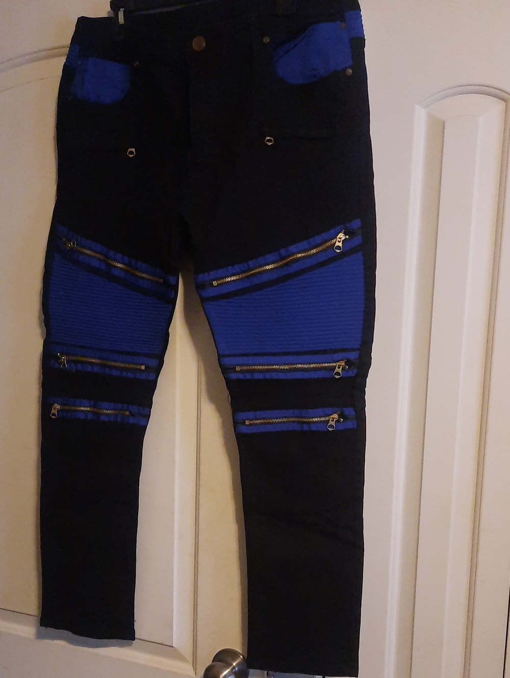 Black Skinny Biker Jeans with Royal Blue Paneling and Zippers